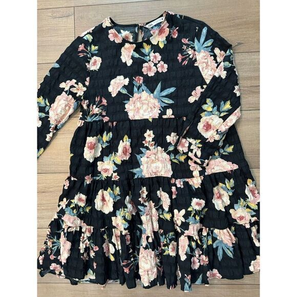 Zara Black Floral Print Baby Doll Mini Dress S Small long Sleeves Women’s boho - Picture 2 of 3